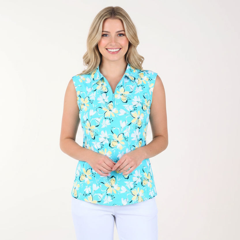IBKUL Womens Demi Sleeveless Zip Polo - Seafoam/Lemonade