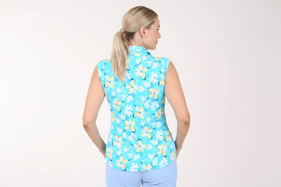 IBKUL Womens Demi Sleeveless Zip Polo - Seafoam/Lemonade