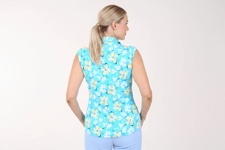 IBKUL Womens Demi Sleeveless Zip Polo - Seafoam/Lemonade