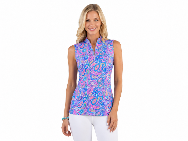 Lulu B Womens Sleeveless Paisley Zip Mock - Pink/Multi
