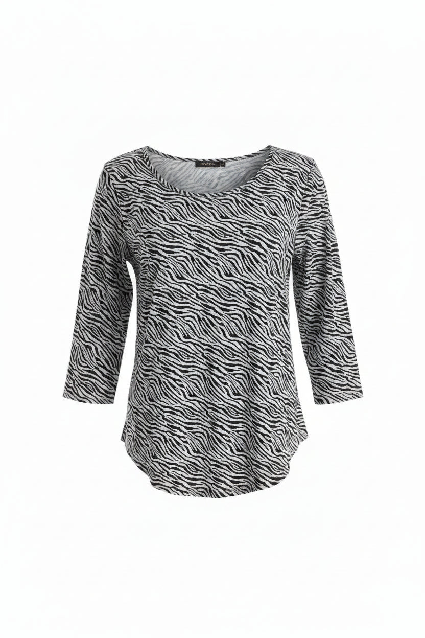 Lulu B Womens Zebra 3/4 Sleeve Crewneck Mock - Black/White