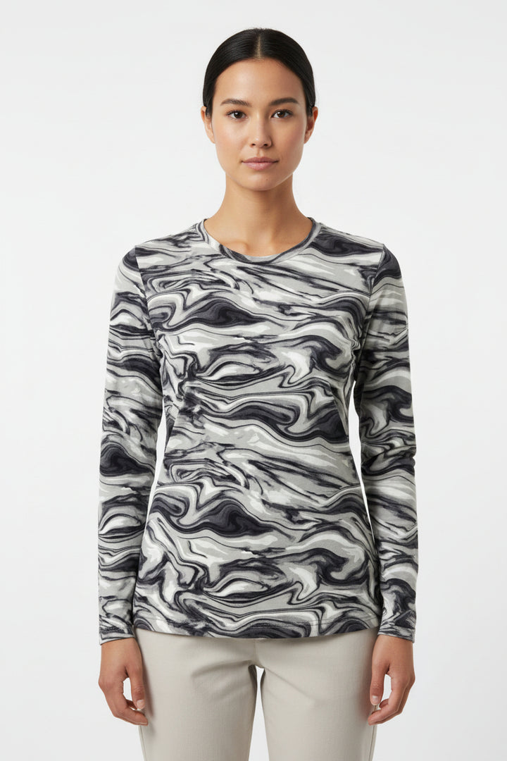 IBKUL Womens Devin Long Sleeve Crewneck Top - Marble Black