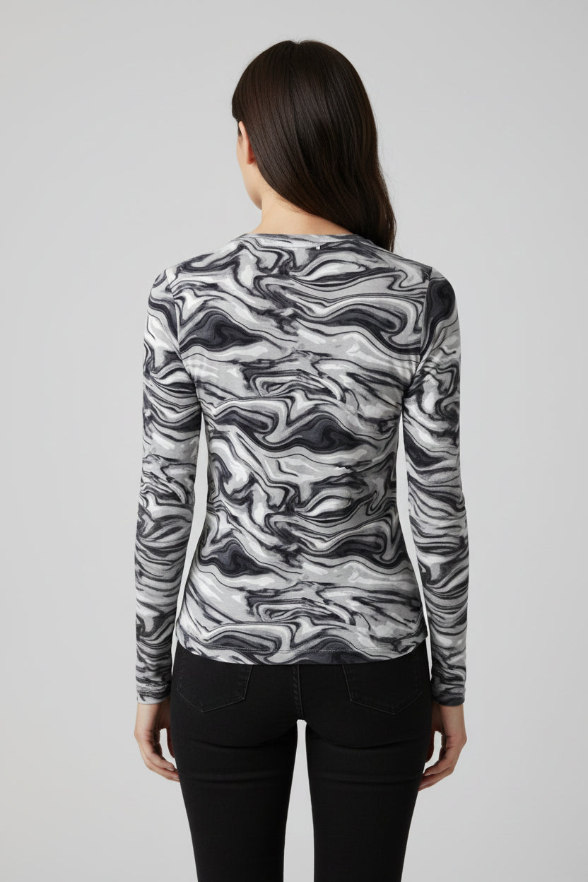 IBKUL Womens Devin Long Sleeve Crewneck Top - Marble Black