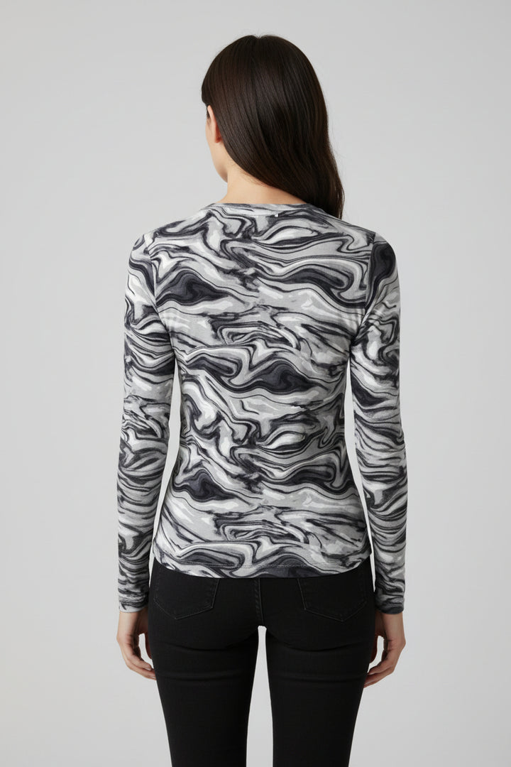 IBKUL Womens Devin Long Sleeve Crewneck Top - Marble Black