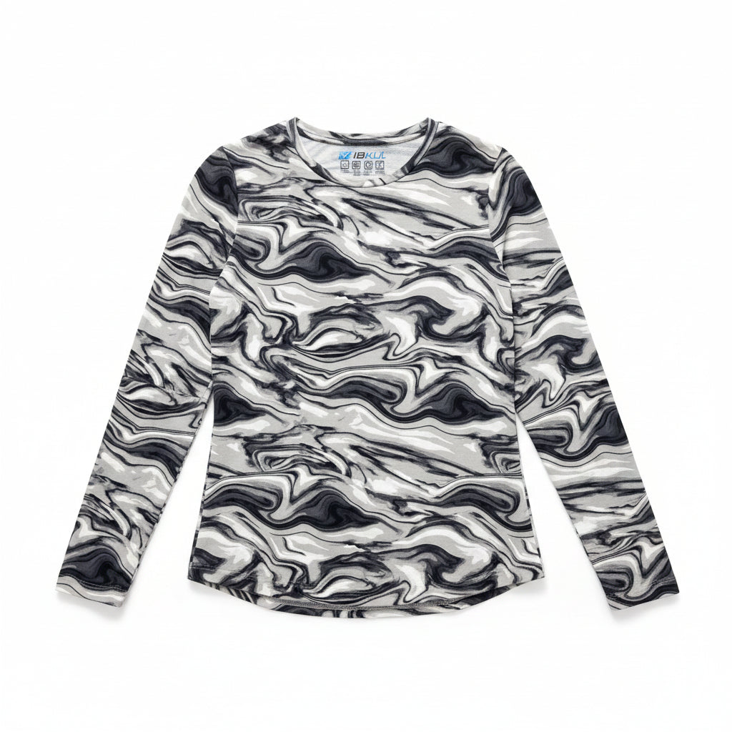 IBKUL Womens Devin Long Sleeve Crewneck Top - Marble Black