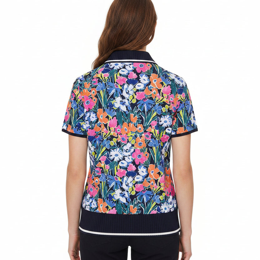 Penguin Womens Millie Floral Short Sleeve Polo - Black Iris
