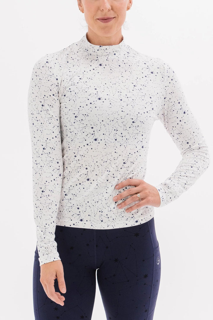 Foray Golf Star Printed Mock Neck Long Sleeve Shirt - White/Navy - Skorzie