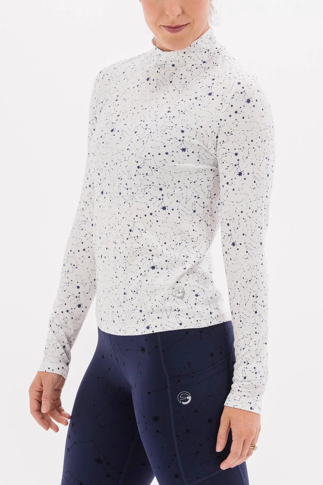 Foray Golf Star Printed Mock Neck Long Sleeve Shirt - White/Navy - Skorzie