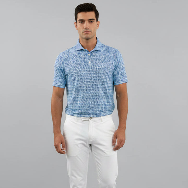 IBKUL Mens Harvey Hatched Short Sleeve Button Polo - Pool Party/White/Royal