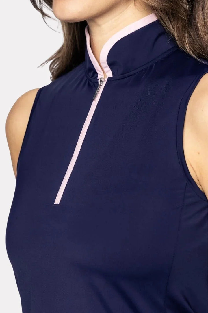 Golftini Womens Sleeveless Mock Polo - Navy/Pink