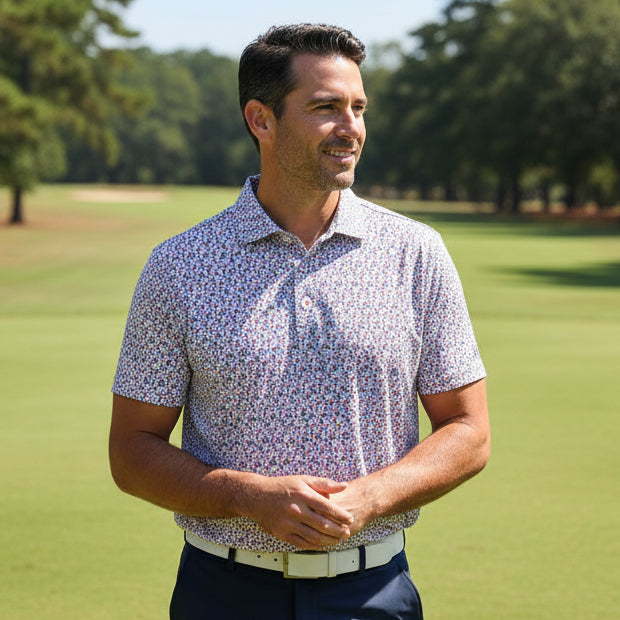 Donald Ross Mens Alfie Short Sleeve Polo (w/logo) - White/Denim