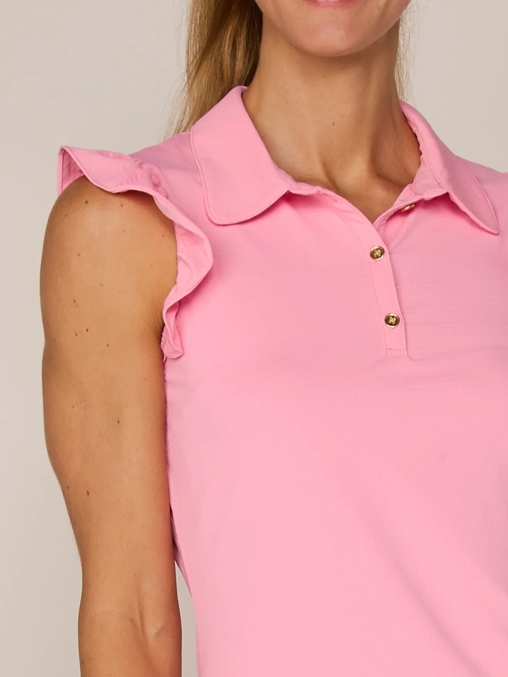 G-Lifestyle Sleeveless Ruffle Top With Gold Buttons - Palm Beach Pink - Skorzie