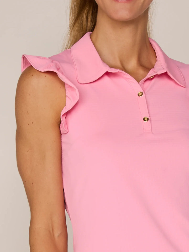 G-Lifestyle Sleeveless Ruffle Top With Gold Buttons - Palm Beach Pink - Skorzie