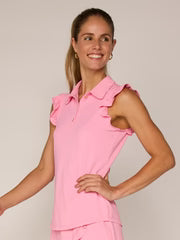 G-Lifestyle Sleeveless Ruffle Top With Gold Buttons - Palm Beach Pink - Skorzie