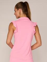 G-Lifestyle Sleeveless Ruffle Top With Gold Buttons - Palm Beach Pink - Skorzie