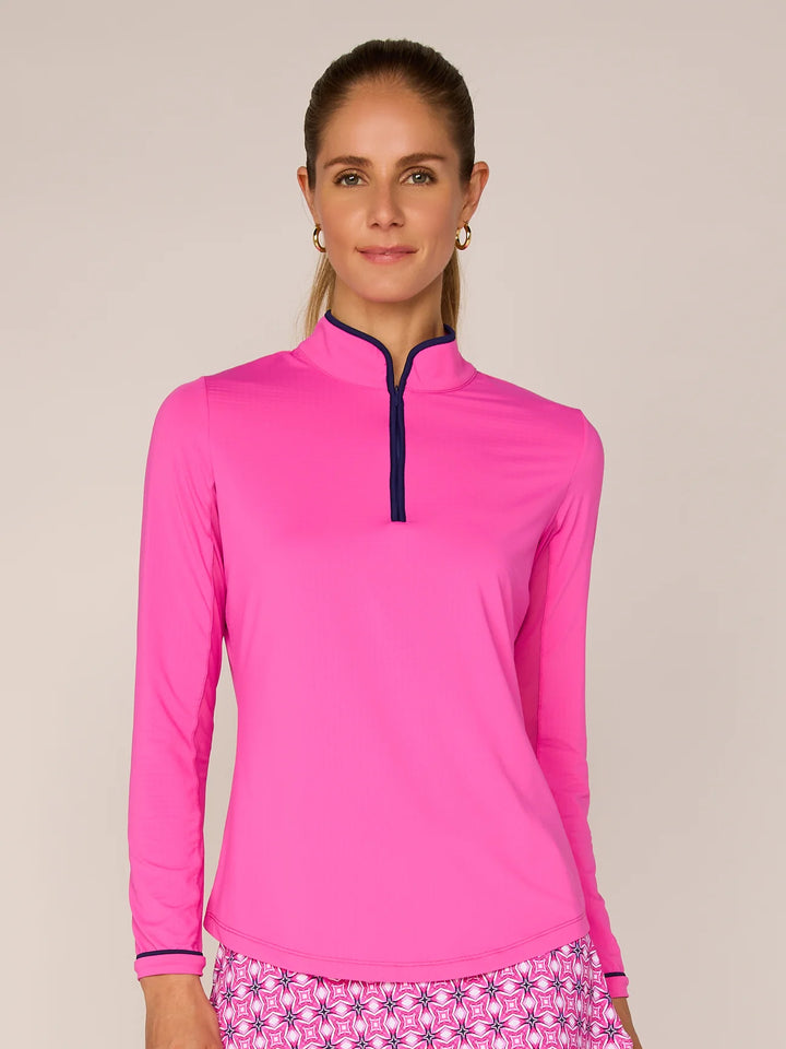G-Lifestyle Mock Neck Binding Quarter Zip Pullover - Hot Pink - Skorzie