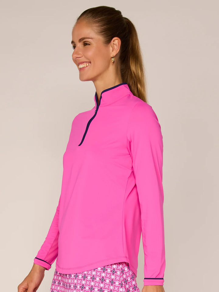 G-Lifestyle Mock Neck Binding Quarter Zip Pullover - Hot Pink - Skorzie