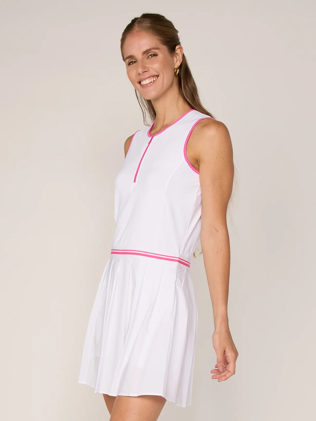 G-Lifestyle Sleeveless Quarter Zip Athletic Dress - White/Pink - Skorzie