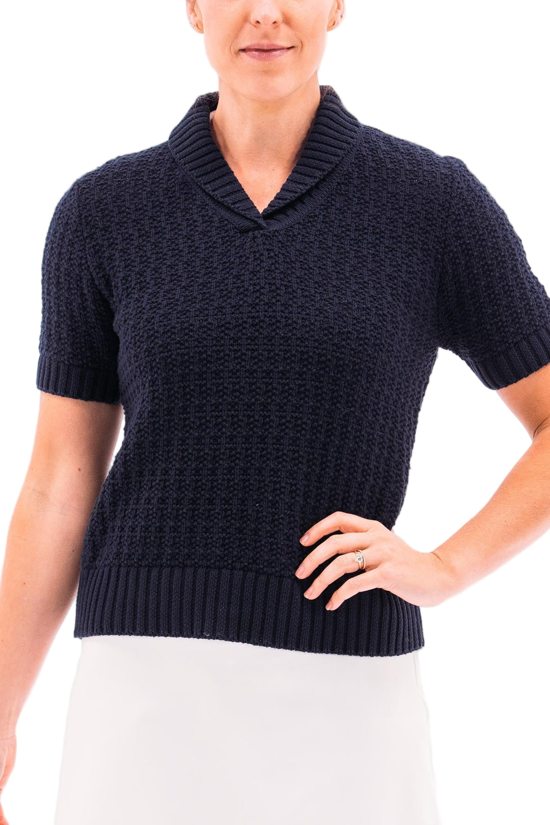 Foray Golf Open Knit Short Sleeve Sweater - Navy - Skorzie