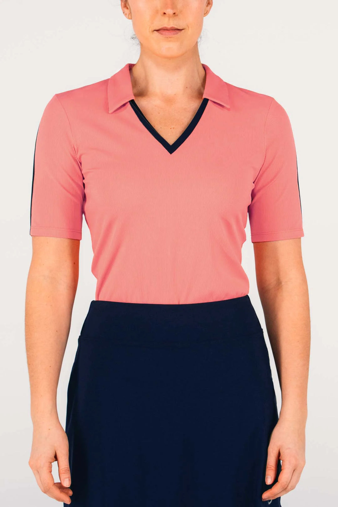 Foray Golf V-Neck Short Sleeve Rib Polo - Pink/Navy - Skorzie