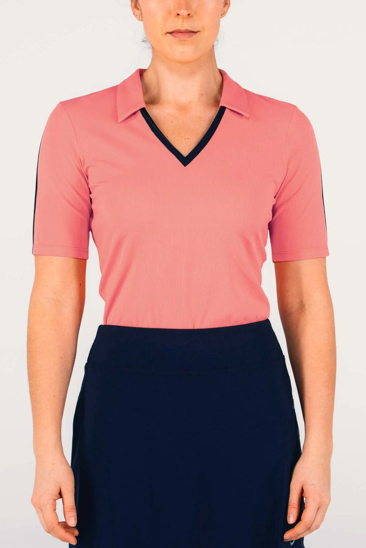 Foray Golf V-Neck Short Sleeve Rib Polo - Pink/Navy - Skorzie