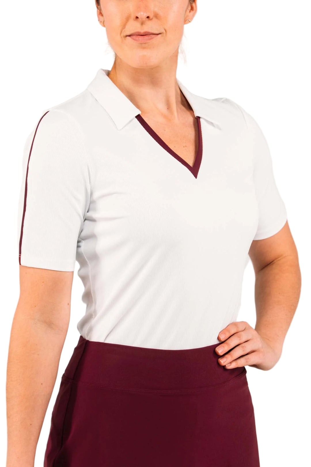 Foray Golf V-Neck Short Sleeve Rib Polo - White/Bordeaux - XX-Small - Skorzie