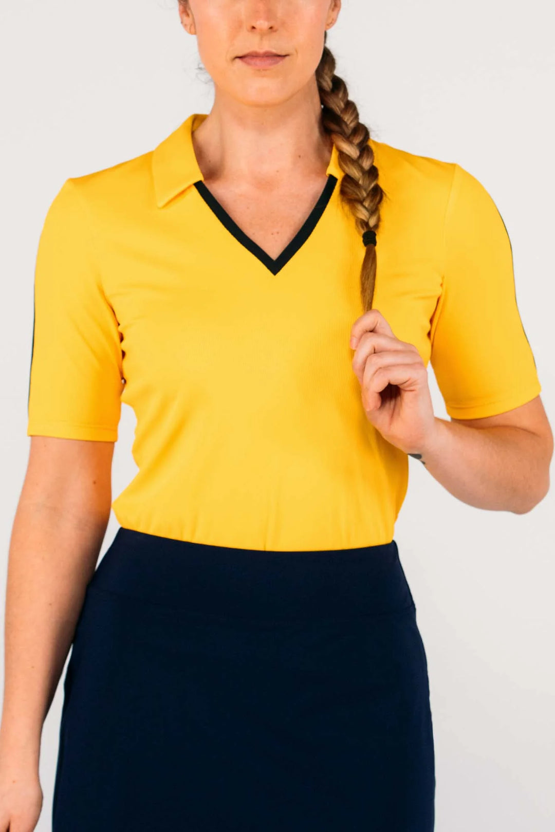 Foray Golf V-Neck Short Sleeve Rib Polo - Yellow/Navy - Skorzie