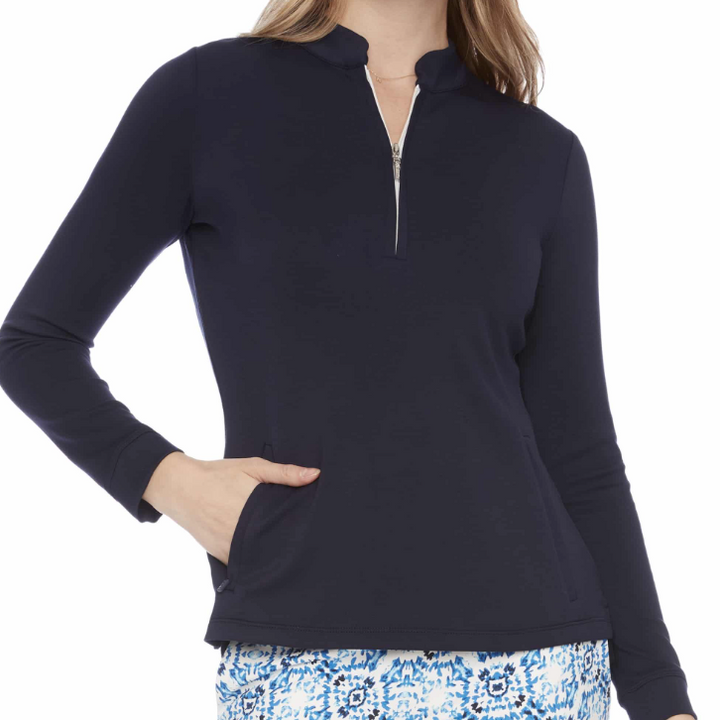 Swing Control Long Sleeve Zippered Modal Top - Navy