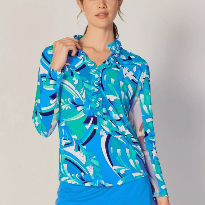 G-Lifestyle Long Sleeve Double Ruffle Top - St. Barth's Blue