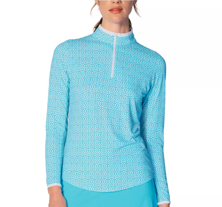 G-Lifestyle Long Sleeve Zip Mock Neck Top - Cubic Caribbean Turquoise