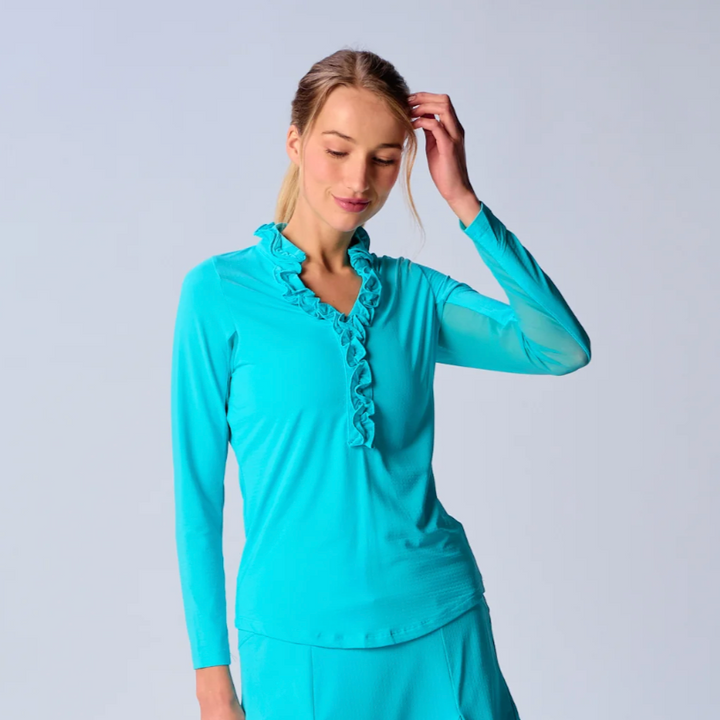 G-Lifestyle Ruffle V Neck Top - Caribbean Turquoise