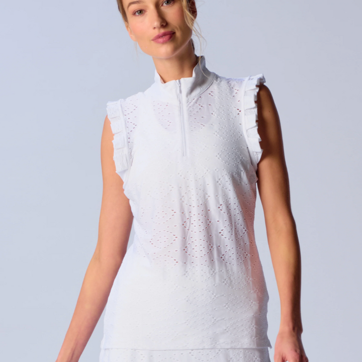 G-Lifestyle Sleeveless Quarter Zip Ruffle Top - White Eyelet