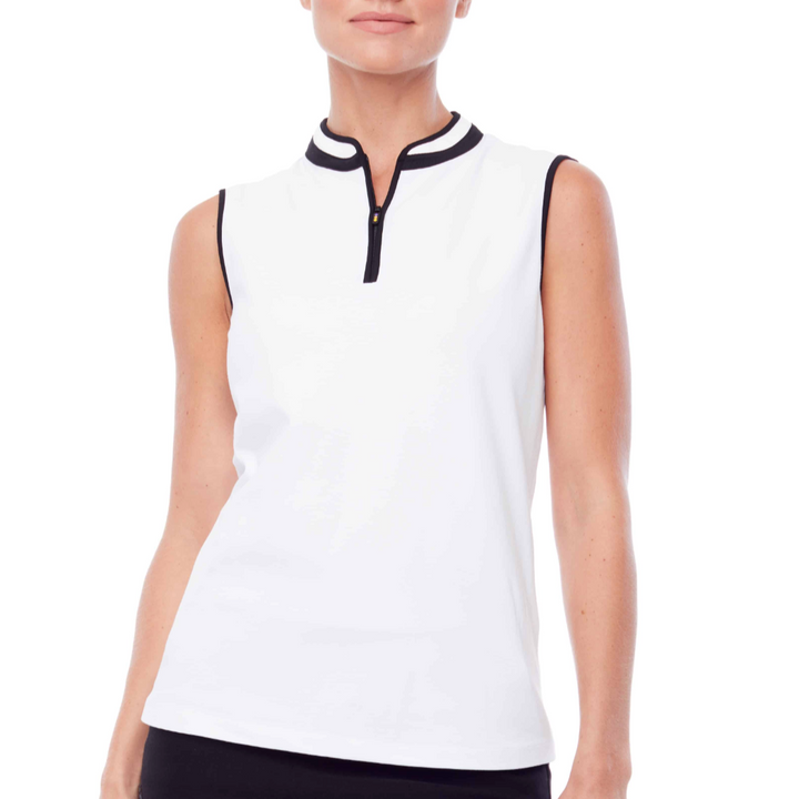 Swing Control Pique Mock Neck Sleeveless Shirt - White/Navy Trim