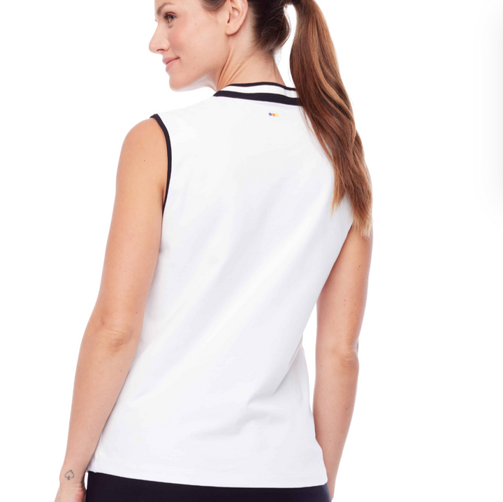 Swing Control Pique Mock Neck Sleeveless Shirt - White/Navy Trim