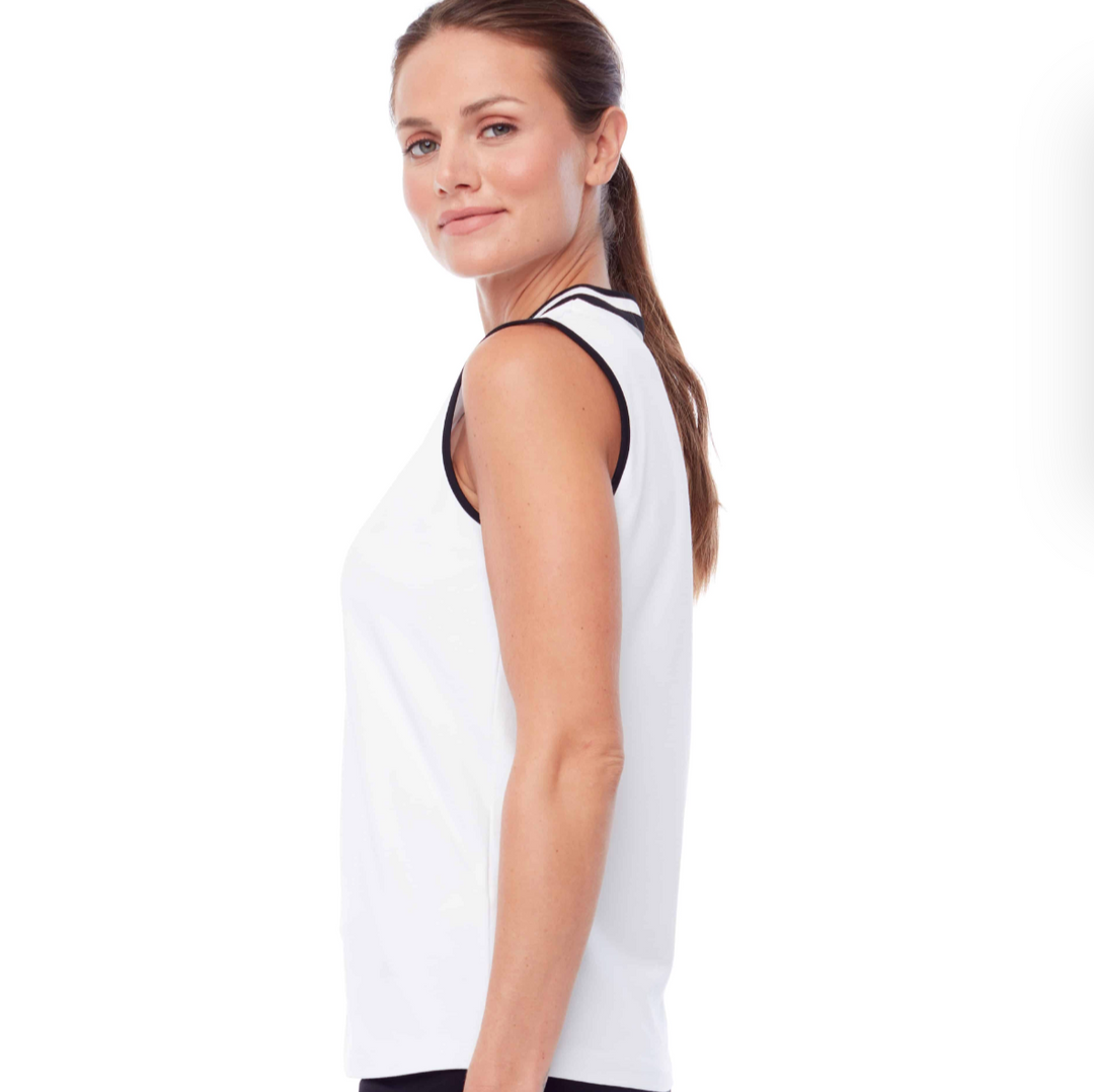 Swing Control Pique Mock Neck Sleeveless Shirt - White/Navy Trim