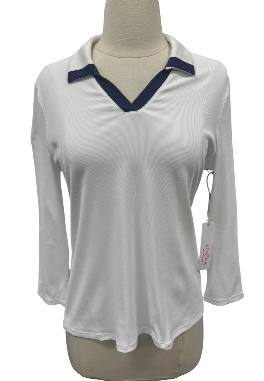 Kinona Take A Ribbing 3/4 Sleeve Golf Top - White - Skorzie