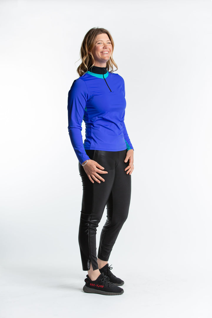 Blakely Long Sleeve Zip Top - Lapis/Black Color Blocked