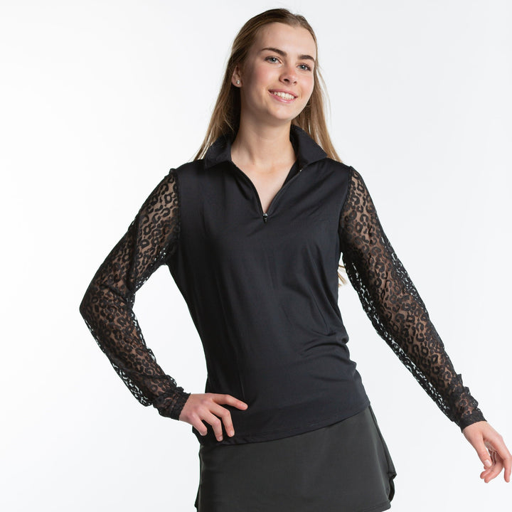 Mariah Long Sleeve Zip Polo - Black Leopard Lace