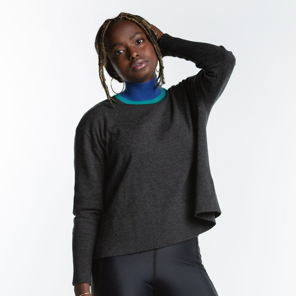 Paloma Mock Neck Sweater - Carbon/Lapis Color Blocked - Skorzie