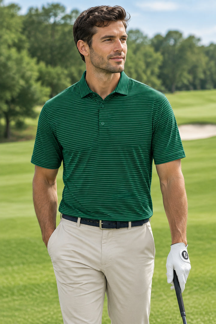 Dunning Mens Short Sleeve Stripe Button Polo - Forest Green/White