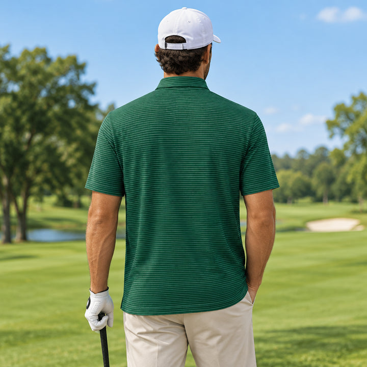 Dunning Mens Short Sleeve Stripe Button Polo - Forest Green/White