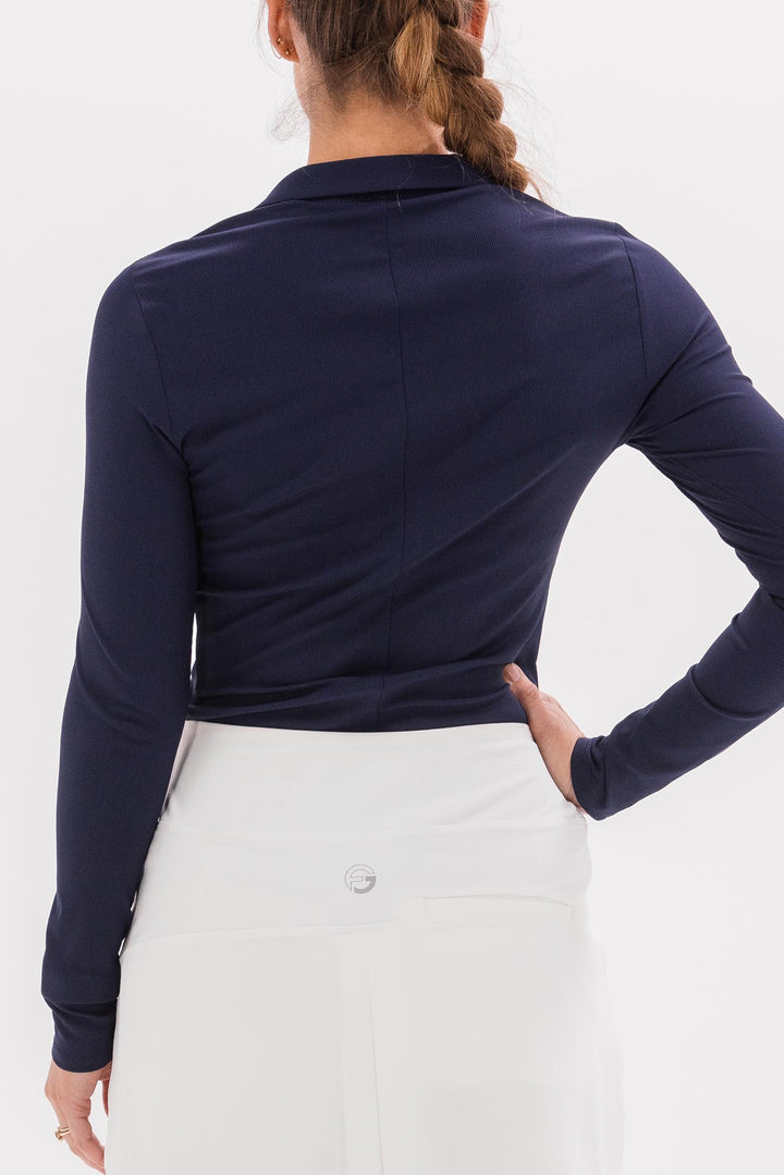 Foray Golf V-Neck Long Sleeve Rib Polo - Navy - Skorzie