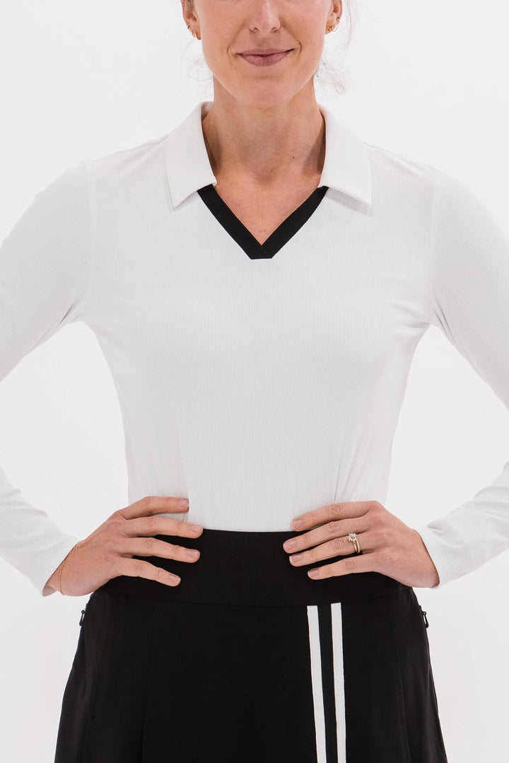 Foray Golf V-Neck Long Sleeve Rib Polo - White/Black - X-Large - Skorzie