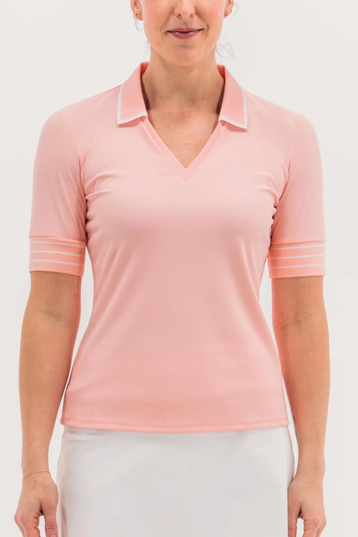 Foray Golf V-Neck Short Sleeve Rib Polo - Powder Pink - Skorzie