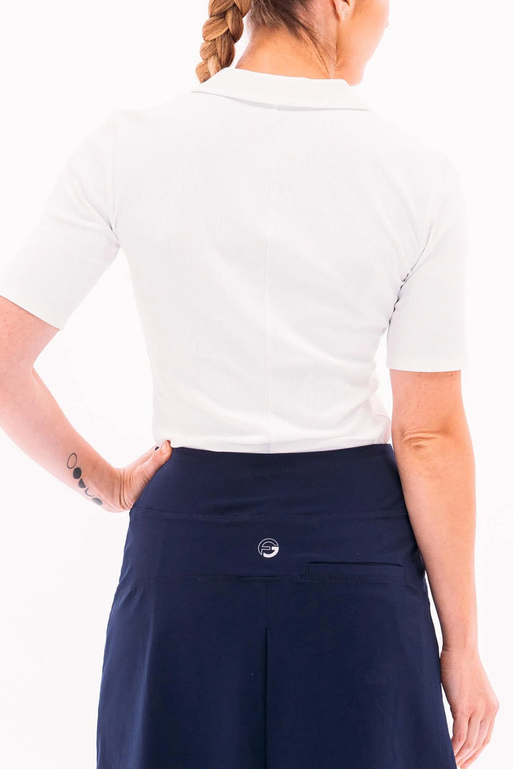 Foray Golf V-Neck Rib Short Sleeve Henley Polo - White/Navy Trim - Skorzie