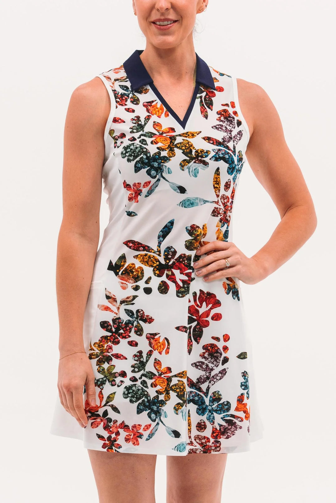 Foray Golf Core Dress with Pockets - White Floral Print - Skorzie
