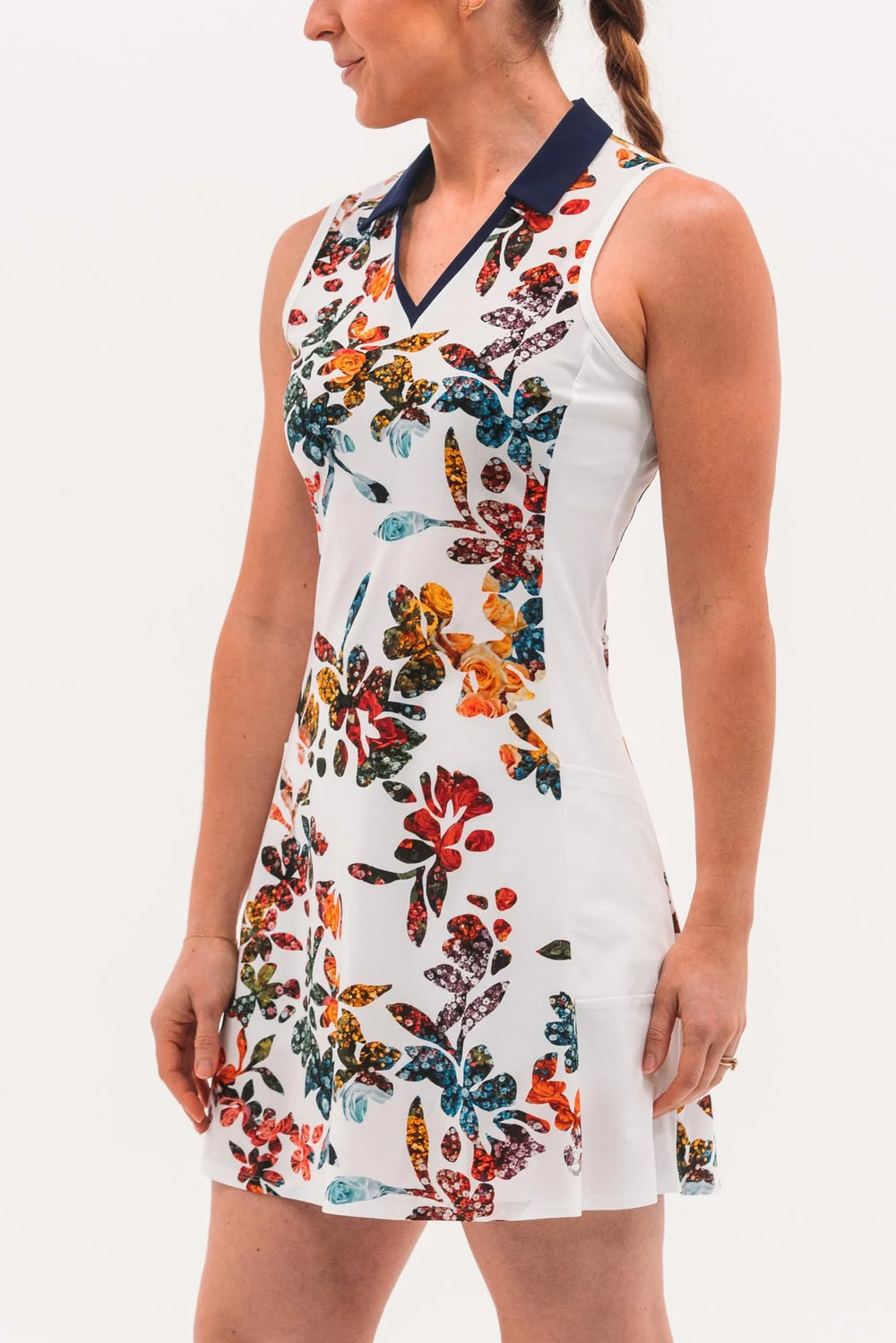 Foray Golf Core Dress with Pockets - White Floral Print - Skorzie