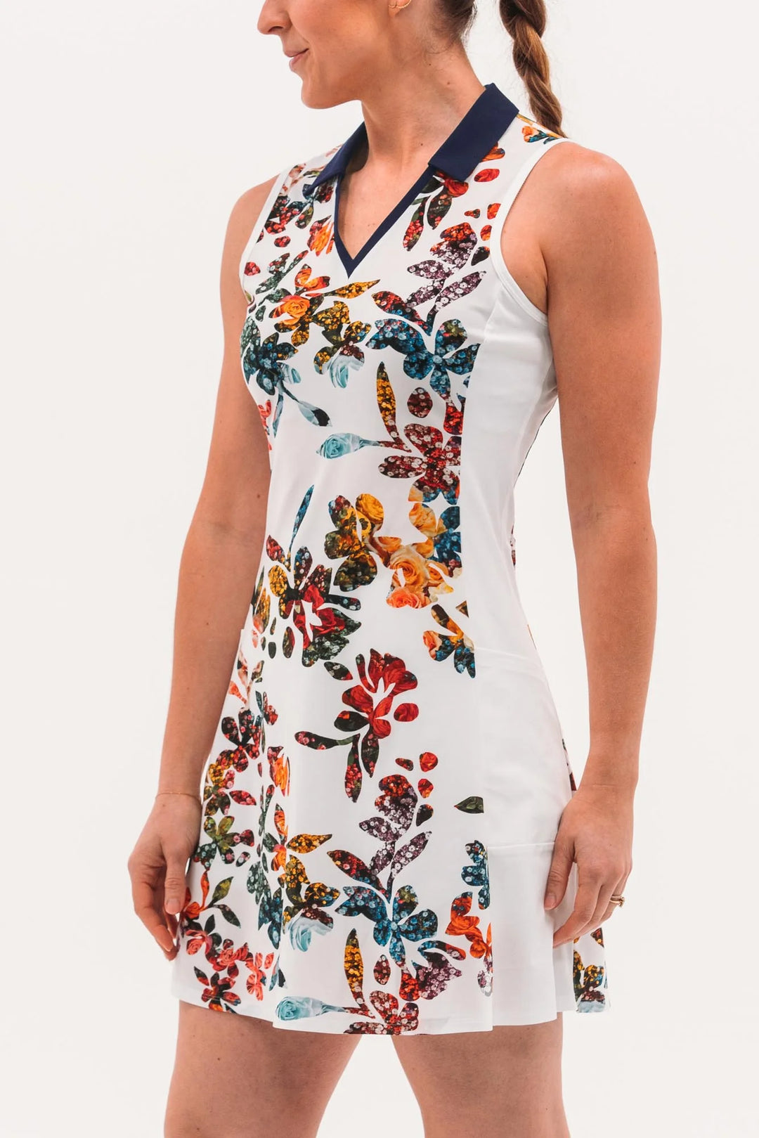 Foray Golf Core Dress with Pockets - White Floral Print - Skorzie