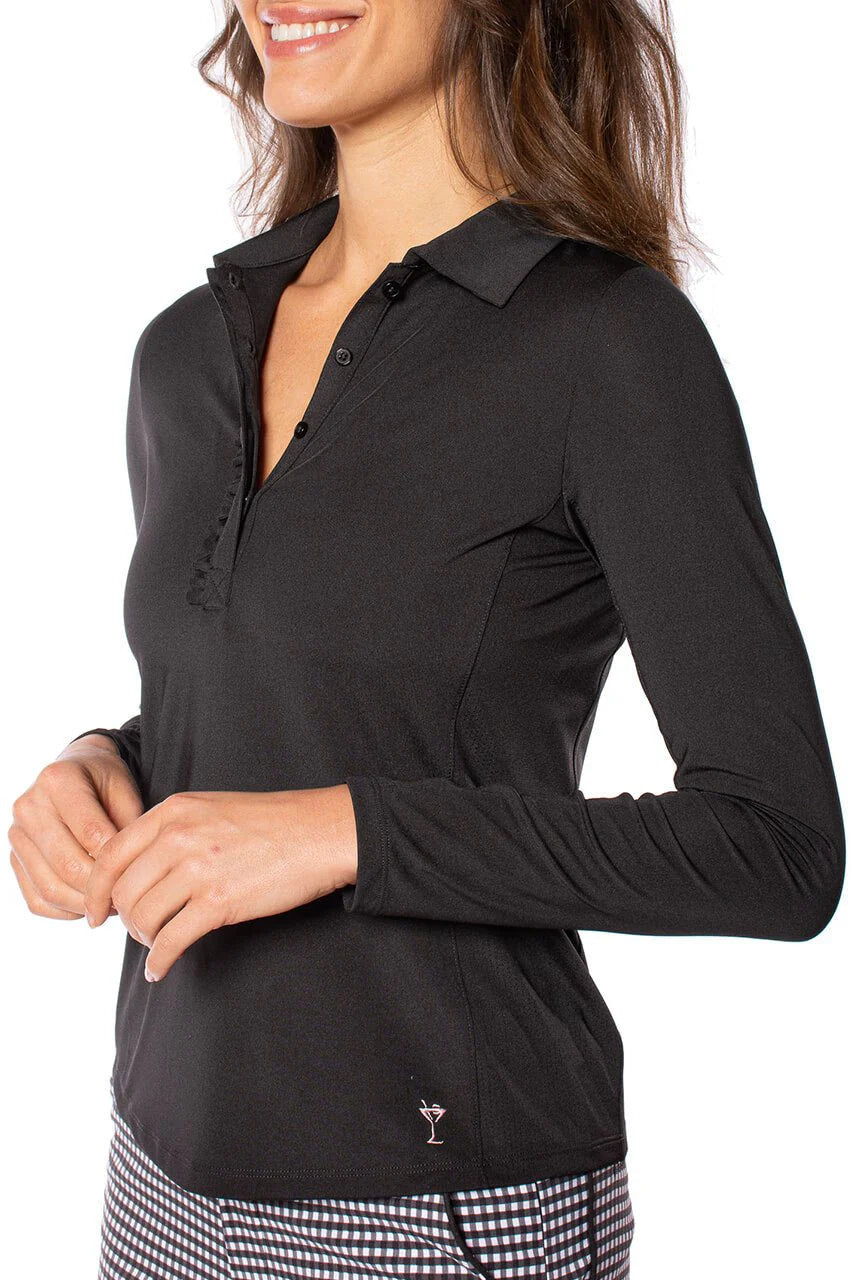 Golftini Womens Long Sleeve Ruffle Polo - Black