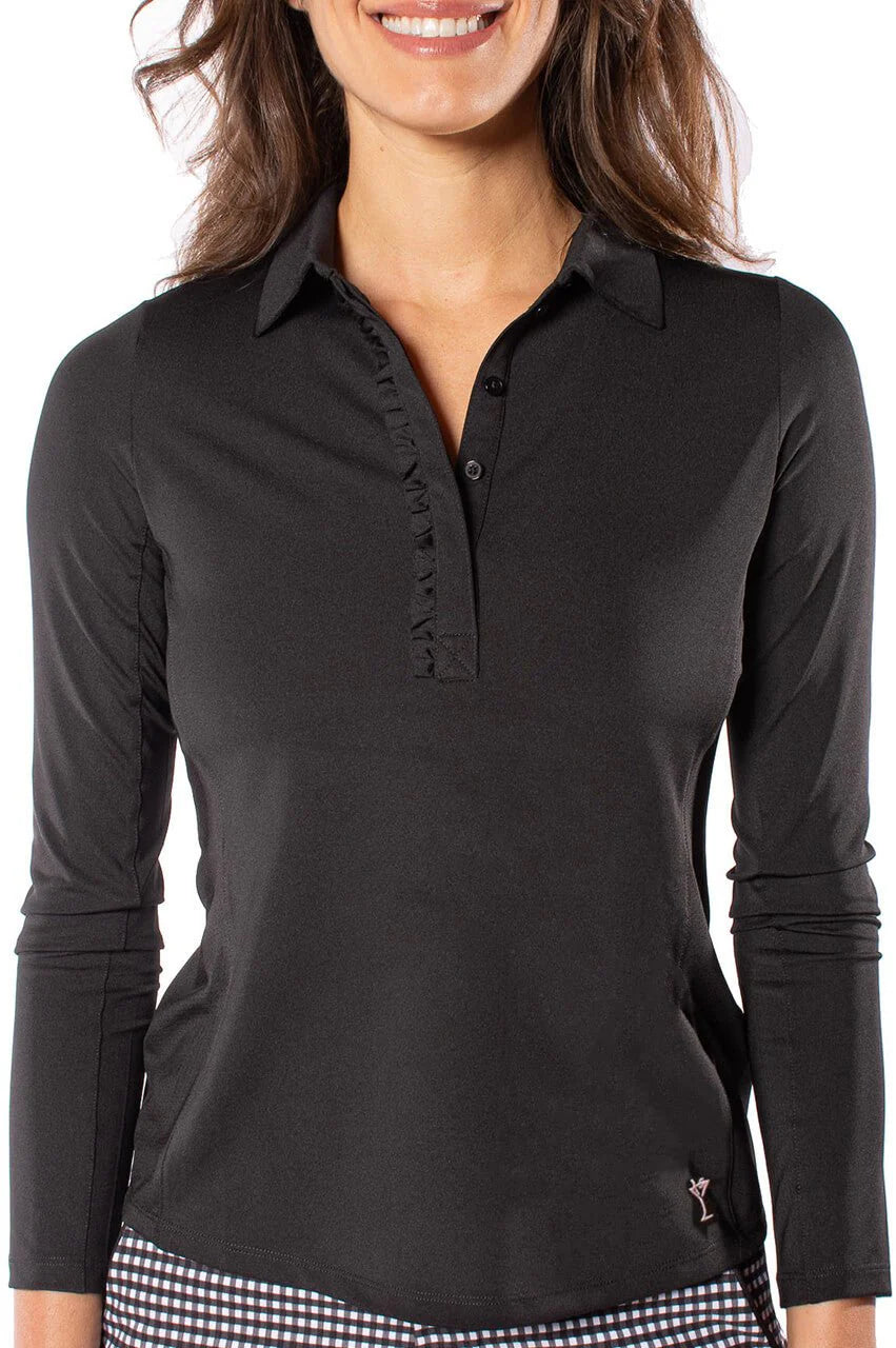 Golftini Womens Long Sleeve Ruffle Polo - Black